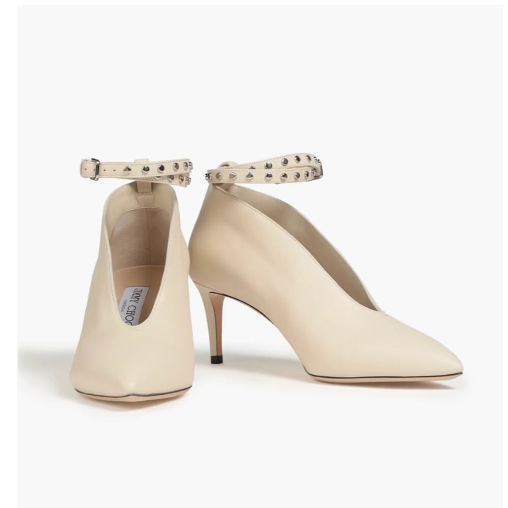 Jimmy Choo 8 Deep V Leather Lark 65 Ankle Strap Pumps Ivory Ecru Booties 38.5